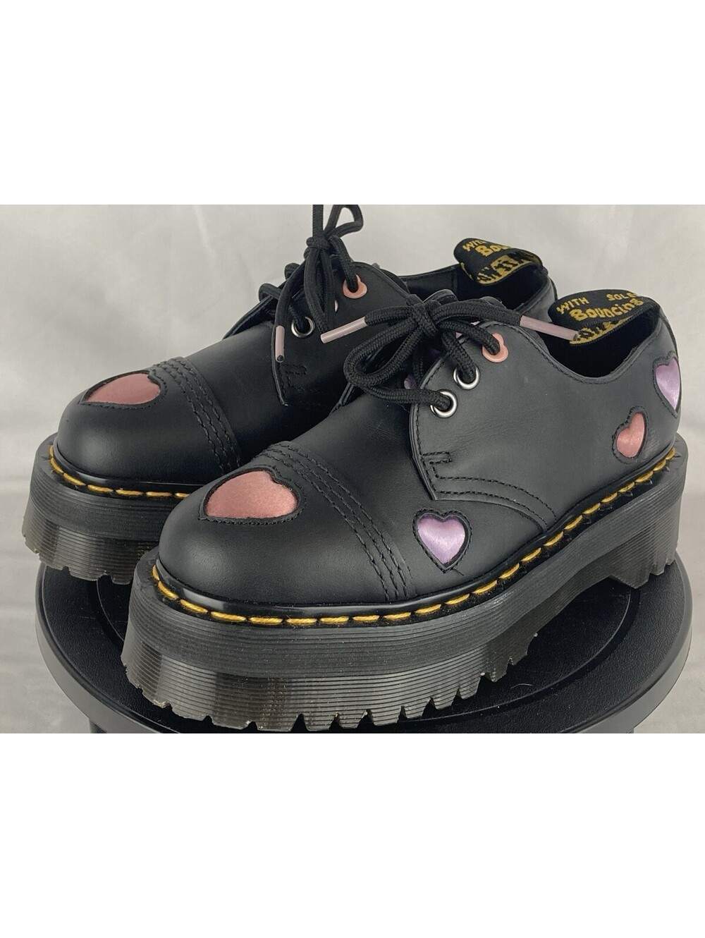 Women’s 5 Dr Martens 1461 Quad Heart Platform Shoes Black Pink Chunky Platform